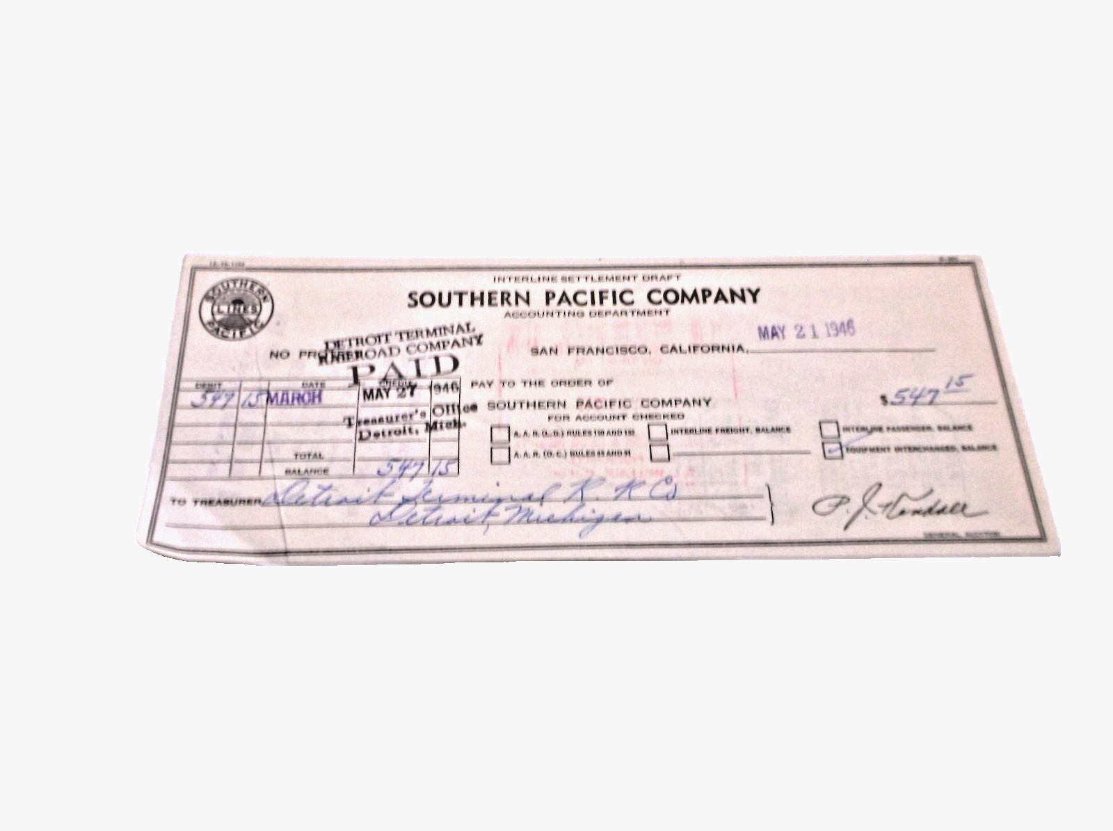 1946 SOUTHERN PACIFIC COMPANY CHECK