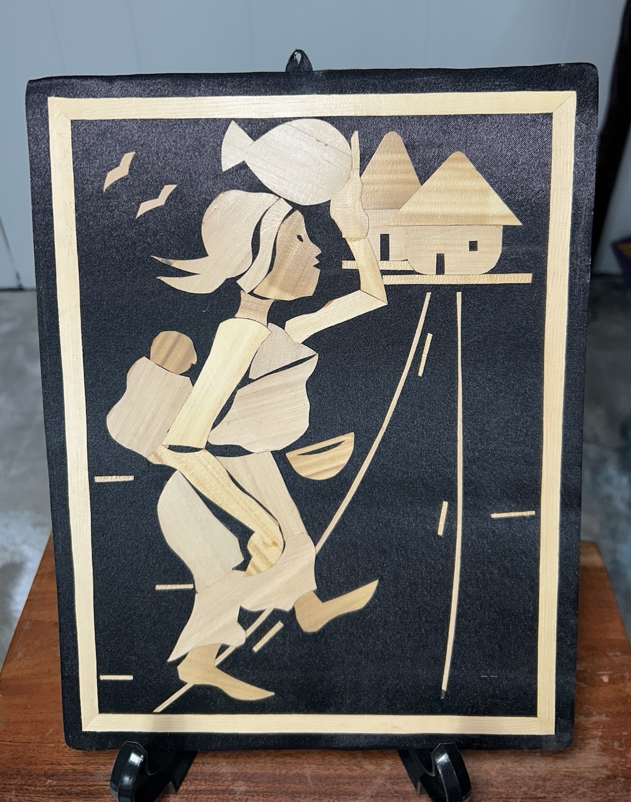 Vintage MCM Straw Art Wall Hanging Woman Child Village Mid Century Folk Art