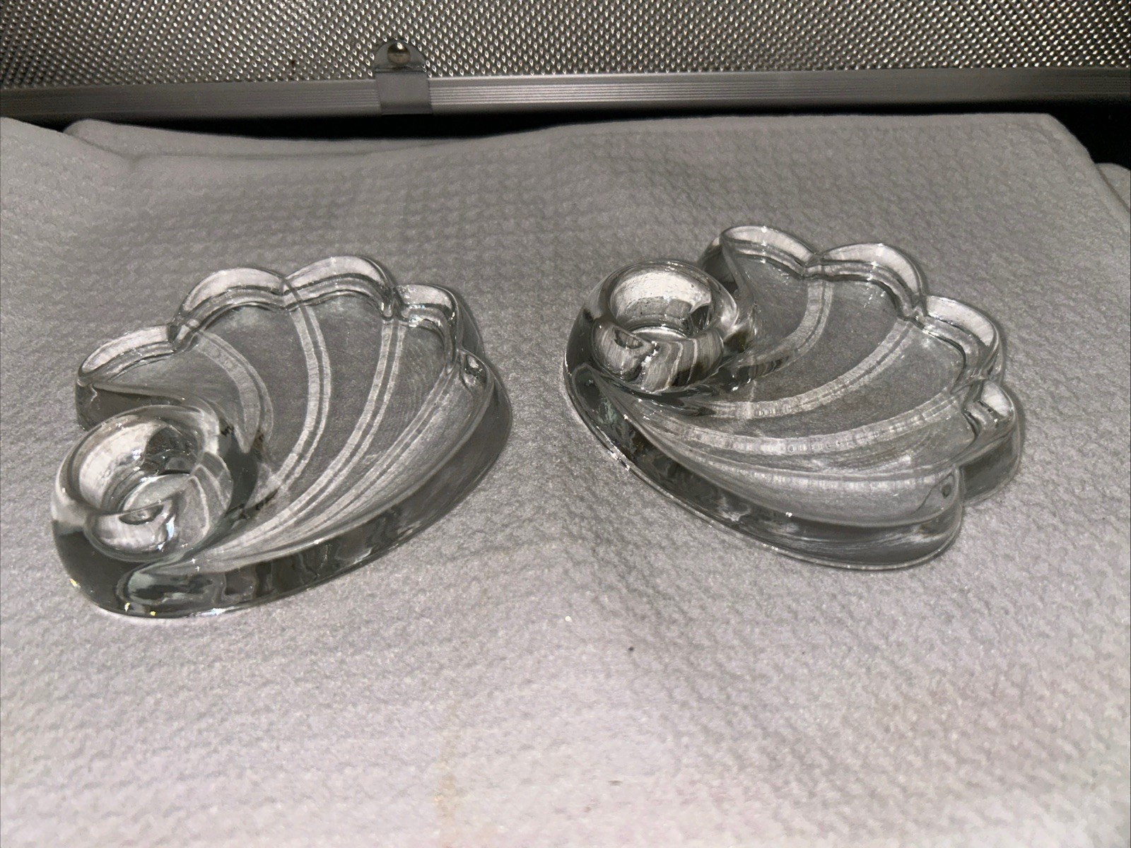 2 Shell Shaped Tapered Candle Holders Clear Glass 2 Shell Shaped Tapered Candle Holders Clear Glass
