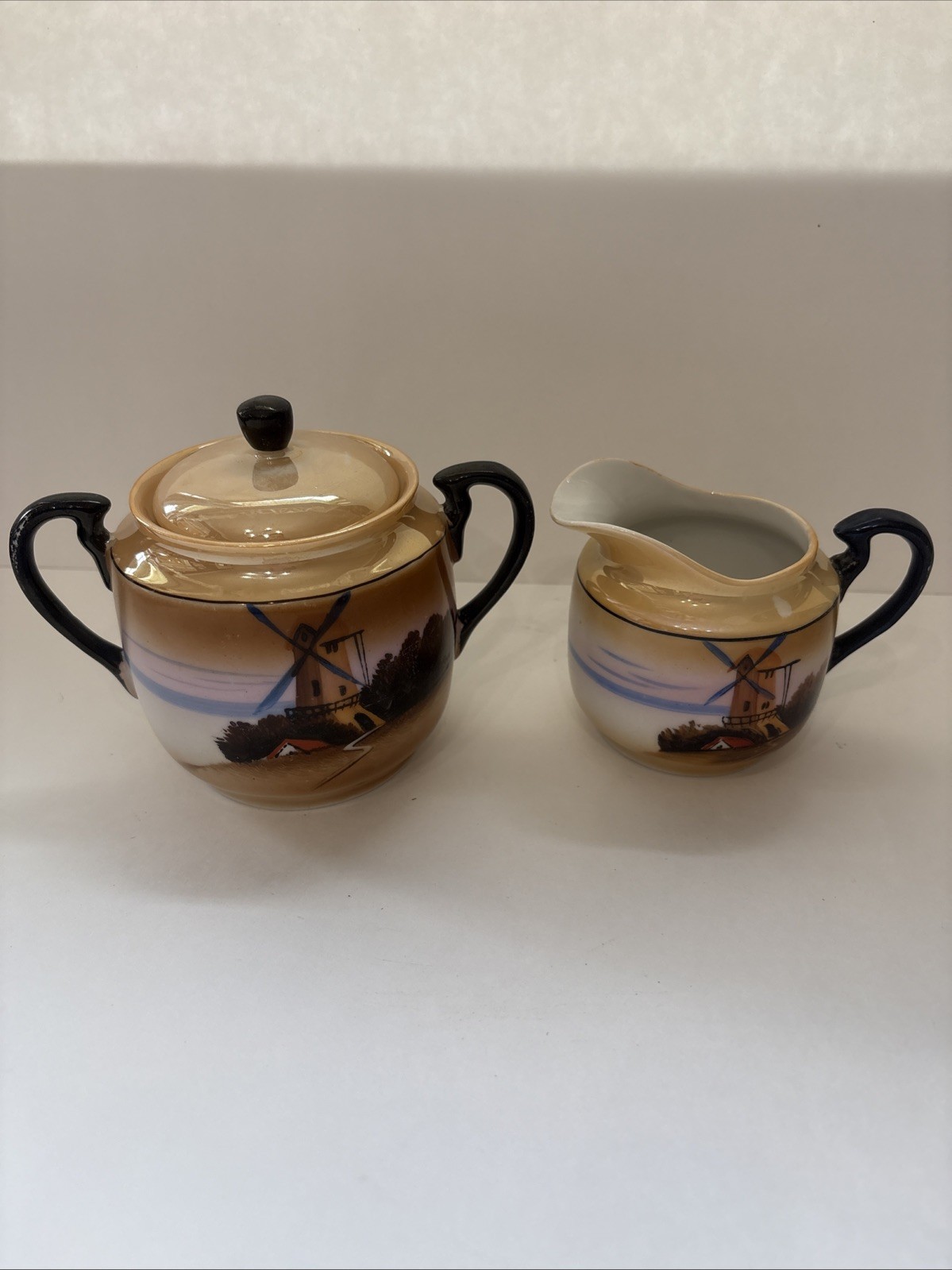 Vintage Nippon Chikaramachi Japan Hand Painted Scenic Sugar Bowl Creamer Set