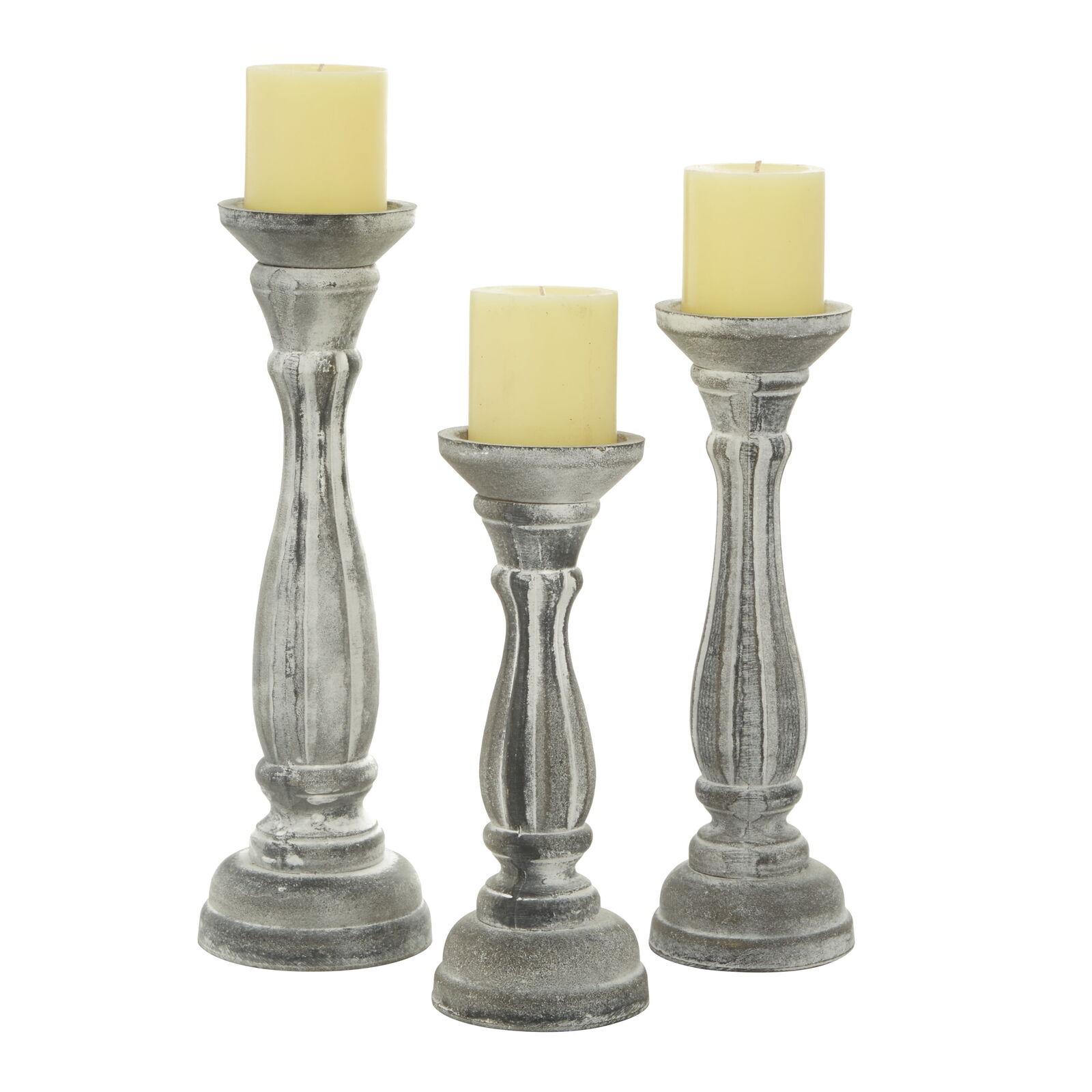 Traditional Gray Carved Wood Candle Holder with Whitewashed Finish