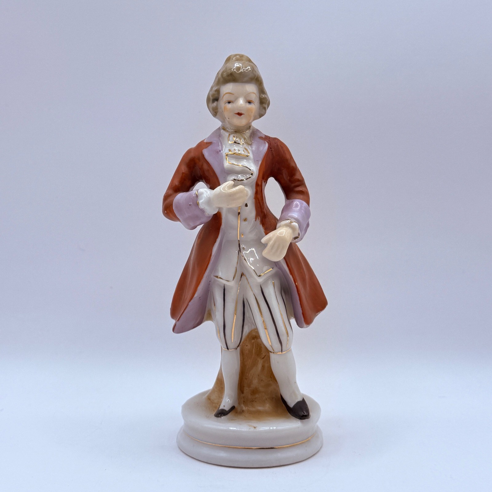 Vintage Occupied Japan Porcelain Colonial Man Figurine Rust Gold Gilt 5 Inch