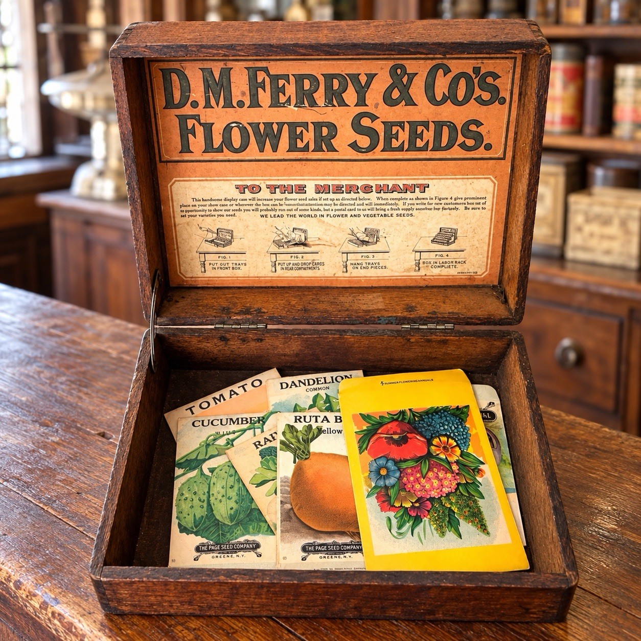 Vintage D.M. Ferry & Co. Seed Store Display Box Oak Wood Countertop And Samples