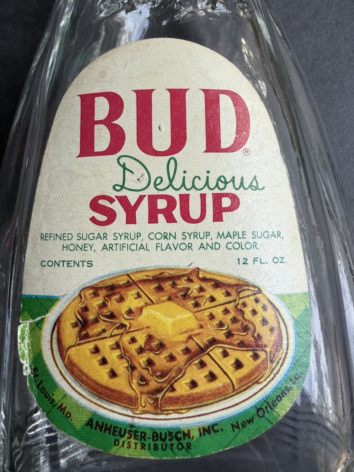 Vintage Bud Delicious Syrup Bottle Anheuser Busch Paper Label A&Eagle Embossed 