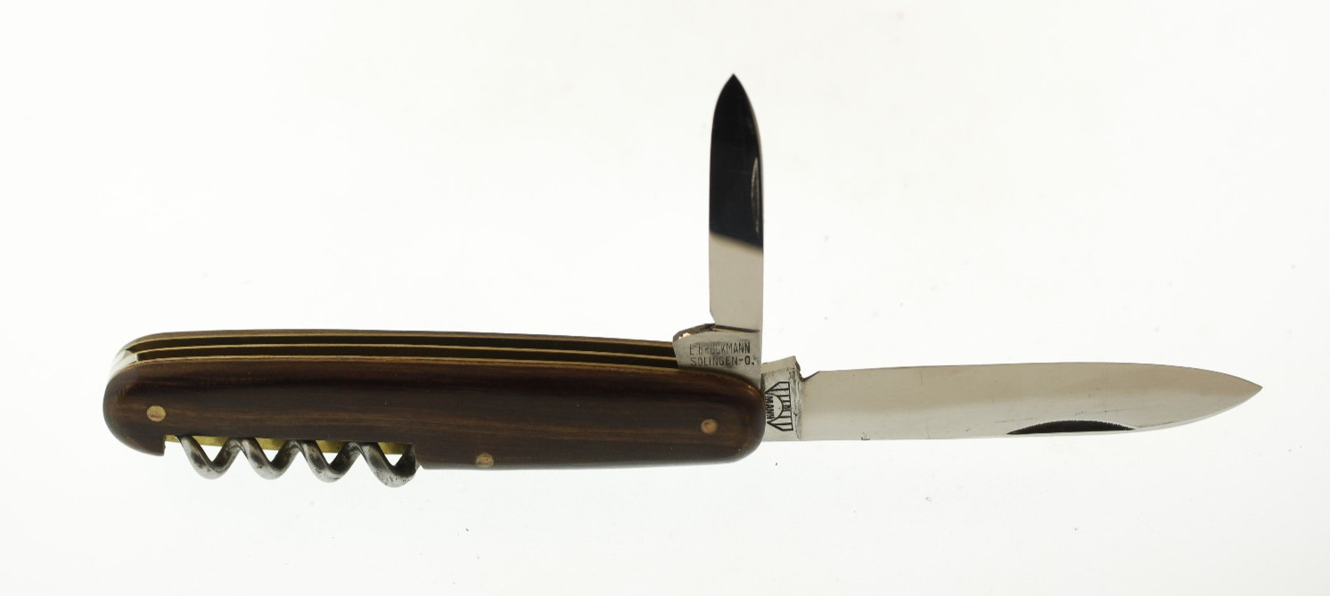 Mann E. Bruckaman Solingen Bartenders Wood Handle 2 Blade Folding Knife 3 5/8\