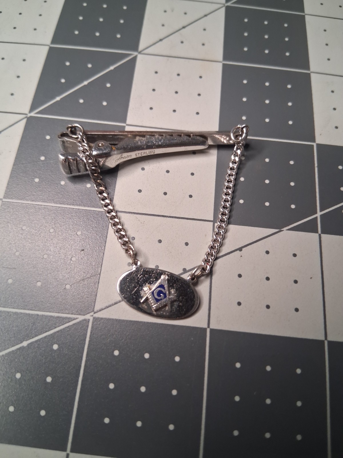 Vtg Anson 925 Sterling Silver Masonic Tie Clip And Chain Vtg Anson 925 Sterling Silver Masonic Tie Clip And Chain