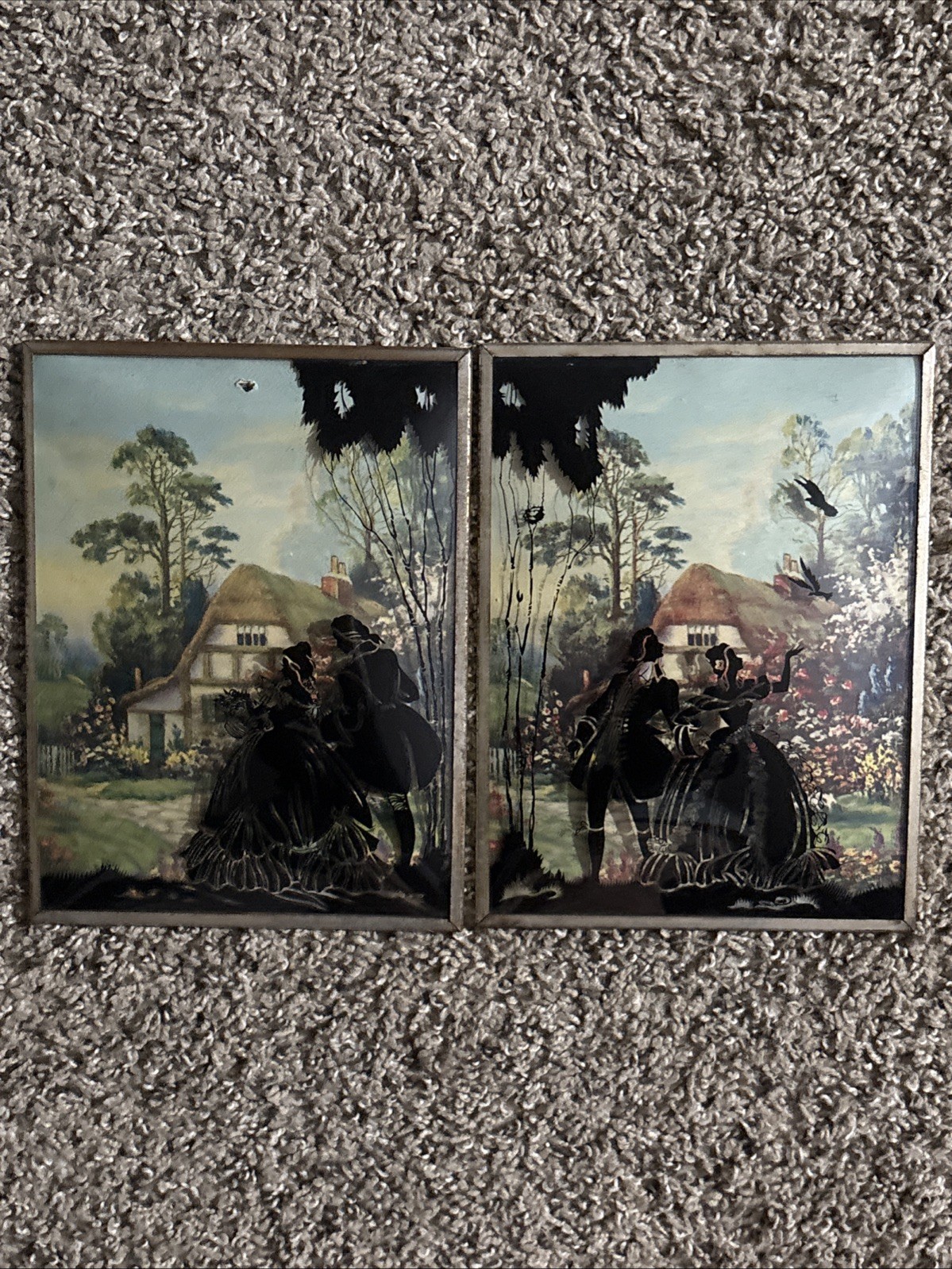 Vintage Convex Glass Silhouette Set 2 Reverse Painted Victorian Courting Couple 