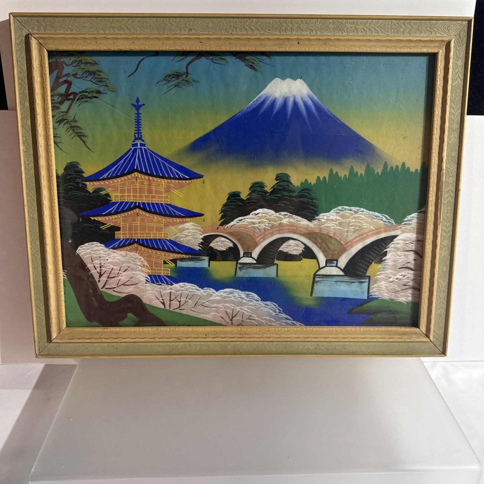 Vintage Asian Silk Painting /Art Framed Mountain/Water Pagoda 1953 Mid Century
