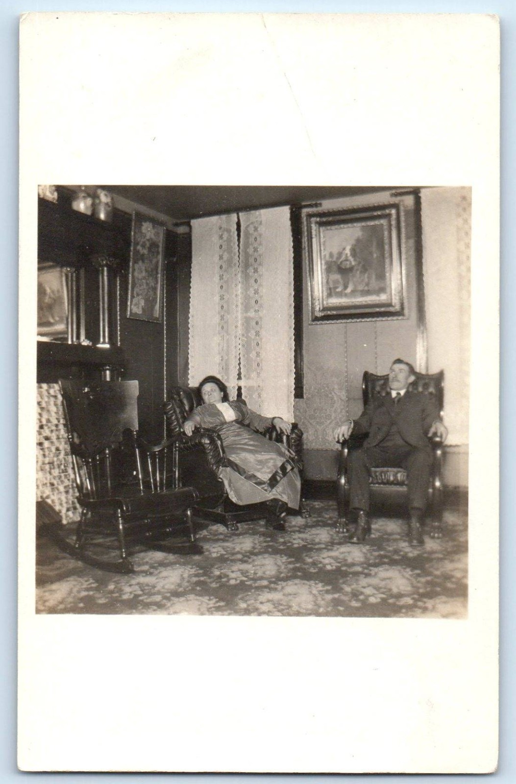 c1910\'s Couple Rocking Chair House Parlor Interior Dead Dog RPPC Photo Postcard c1910\'s Couple Rocking Chair House Parlor Interior Dead Dog RPPC Photo Postcard