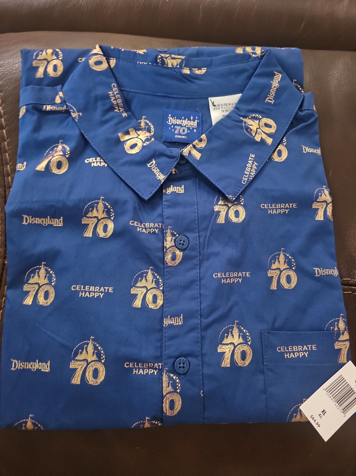 NWT Disneyland 70th Anniversary Woven Button Down Shirt Celebrate Happy SIZE:XL