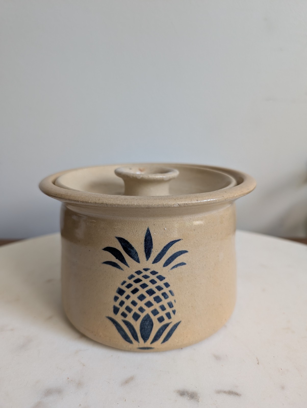 Vintage DK Clay Pottery Stoneware Crock Jar w Lid Blue Pineapple Rustic Kitchen