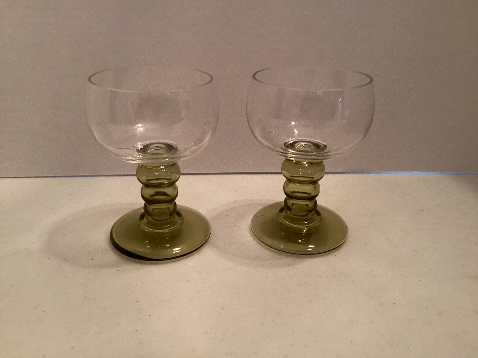Vintage Hand Blown Wine Glass Goblet with Green Bubble Stem in Set of 2
