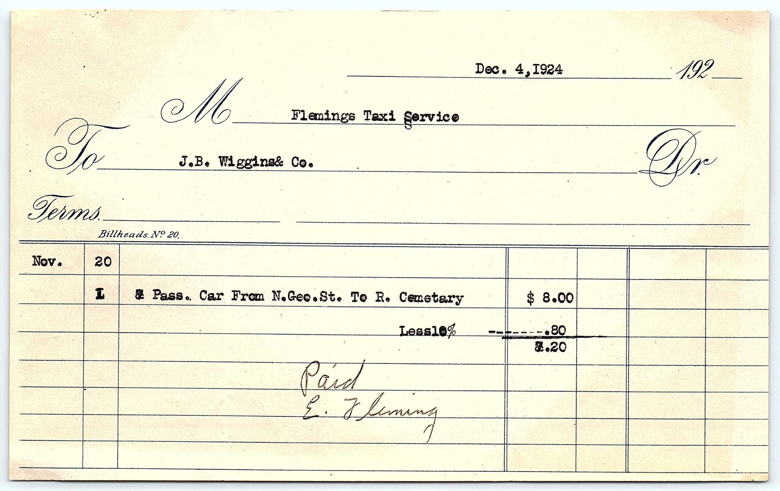 Vintage 1924 Flemings Taxi Service Paid Billhead