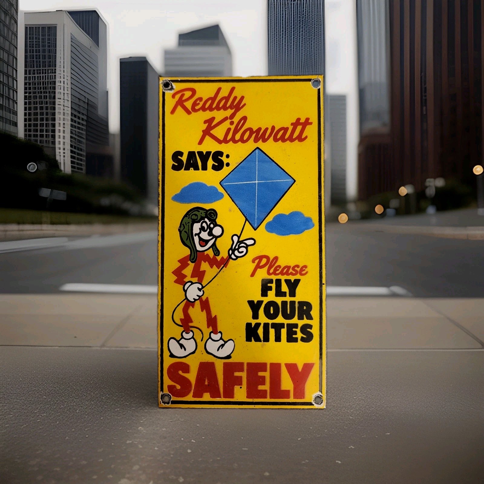 Rare Porcelain Sign ( Reddy) Please Fly Your Kites Safely GE Electric Gas Oil Rare Porcelain Sign ( Reddy) Please Fly Your Kites Safely GE Electric Gas Oil
