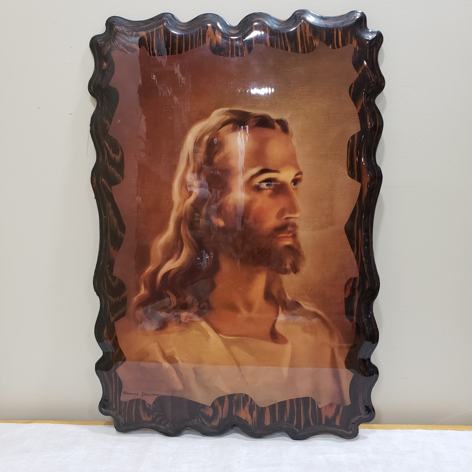 Vtg Head of Christ Wood Plaque Warner Sallman Jesus Portrait Christian Wall Art