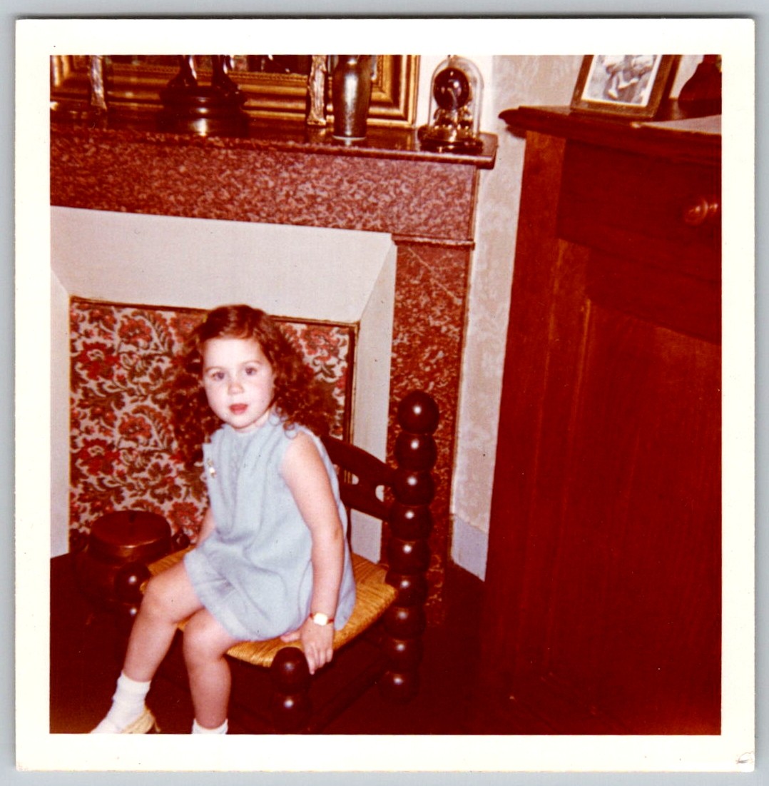 Vtg Color Snapshot Little Girl Blue Dress Bobbin Chair Fireplace 1960s Vtg Color Snapshot Little Girl Blue Dress Bobbin Chair Fireplace 1960s