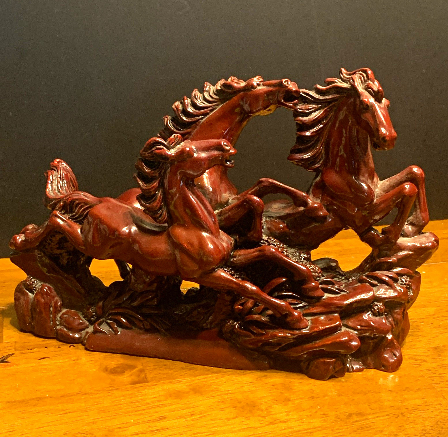 Resin Running Horses Figurine Sculpture, Brown Finish, Approx 10 in Long Resin Running Horses Figurine Sculpture, Brown Finish, Approx 10 in Long