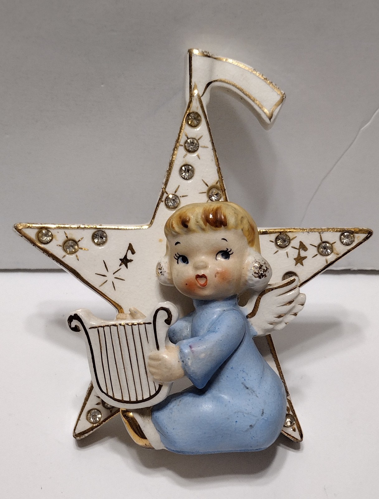 Vtg Norcrest Fine China Angel with Harp on Gold Trimmed Star Rhinestones Japan
