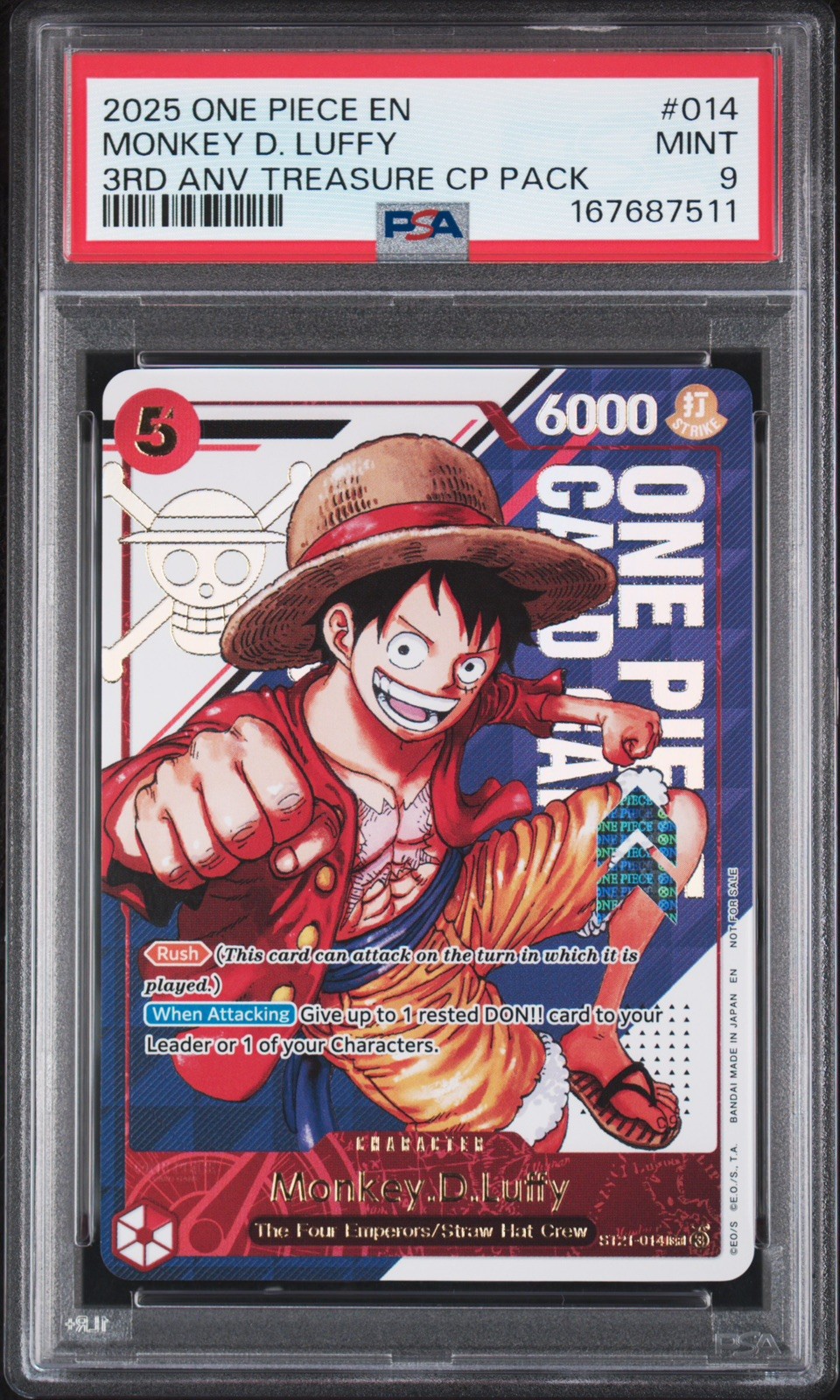 RARE PSA 9 ONE PIECE MONKEY D. LUFFY 3RD ANNIVERSARY TREASURE CAMPAIGN #014