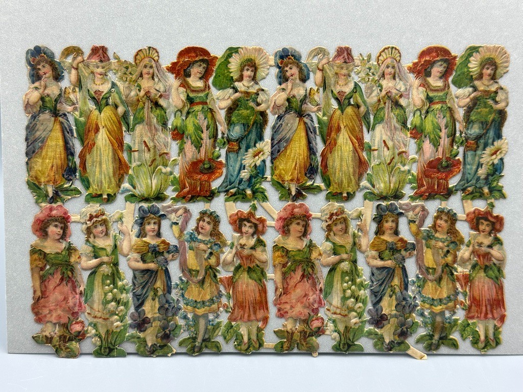 c 1890 VICTORIAN FLOWER GIRLS Die Cut Scrap Sheet 1906 Ephemera c 1890 VICTORIAN FLOWER GIRLS Die Cut Scrap Sheet 1906 Ephemera