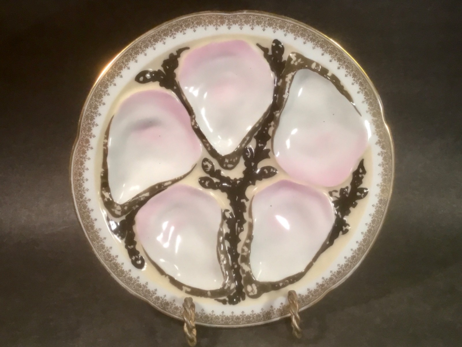 Antique Limoges Pink Shells On Black Seaweed Oyster Plate c.1891-1900