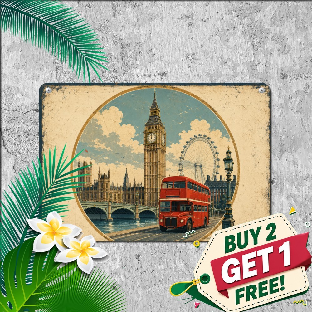 London Big Ben Red Double Decker Bus City Skyline Plaque Metal Tin Sign