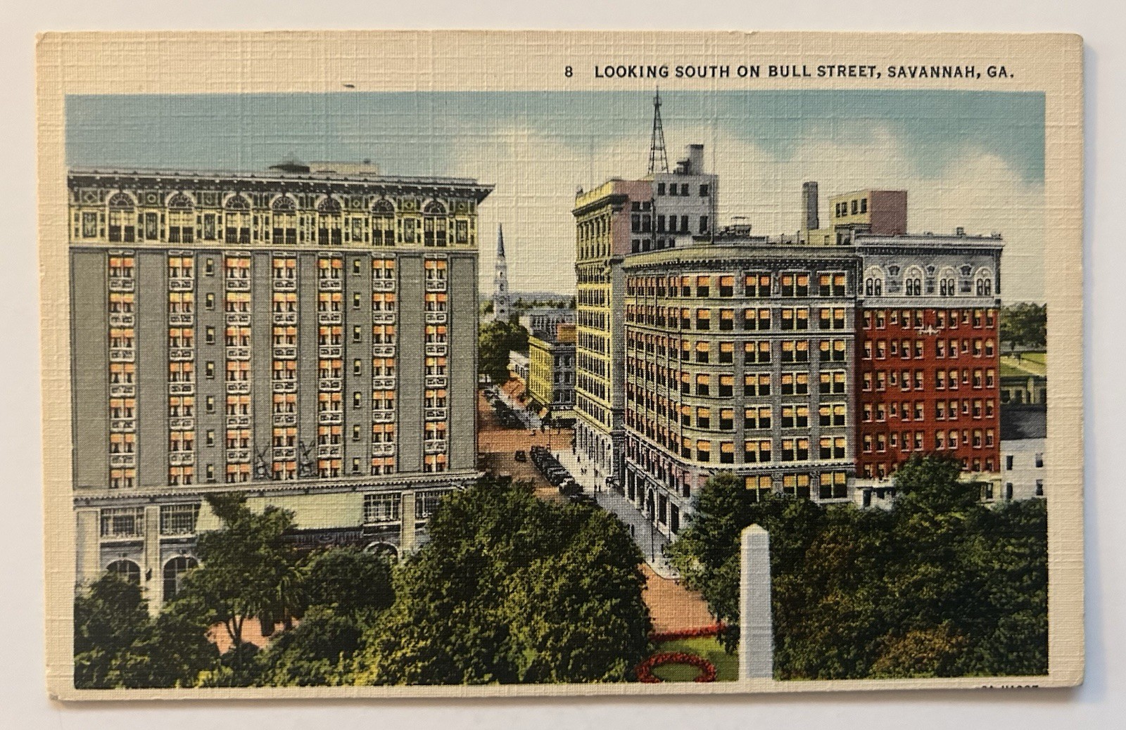 Linen Postcard Looking South on Bull Street Savannah GA Downtown Buildings