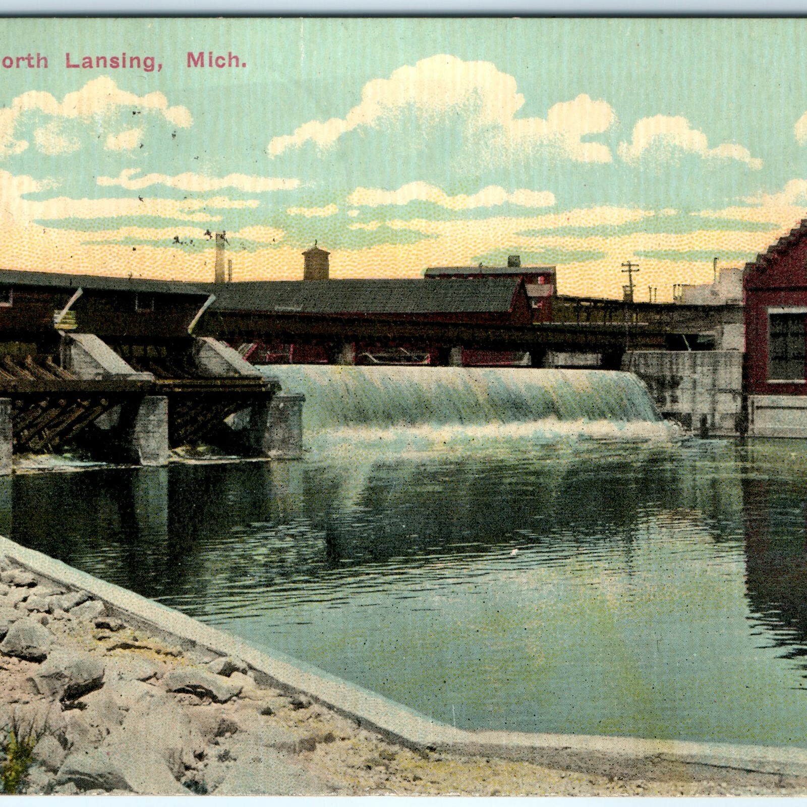 c1910s Falls at North Lansing, MI Postcard RPO Pt Huron Chic Cancel Dam River c1910s Falls at North Lansing, MI Postcard RPO Pt Huron Chic Cancel Dam River