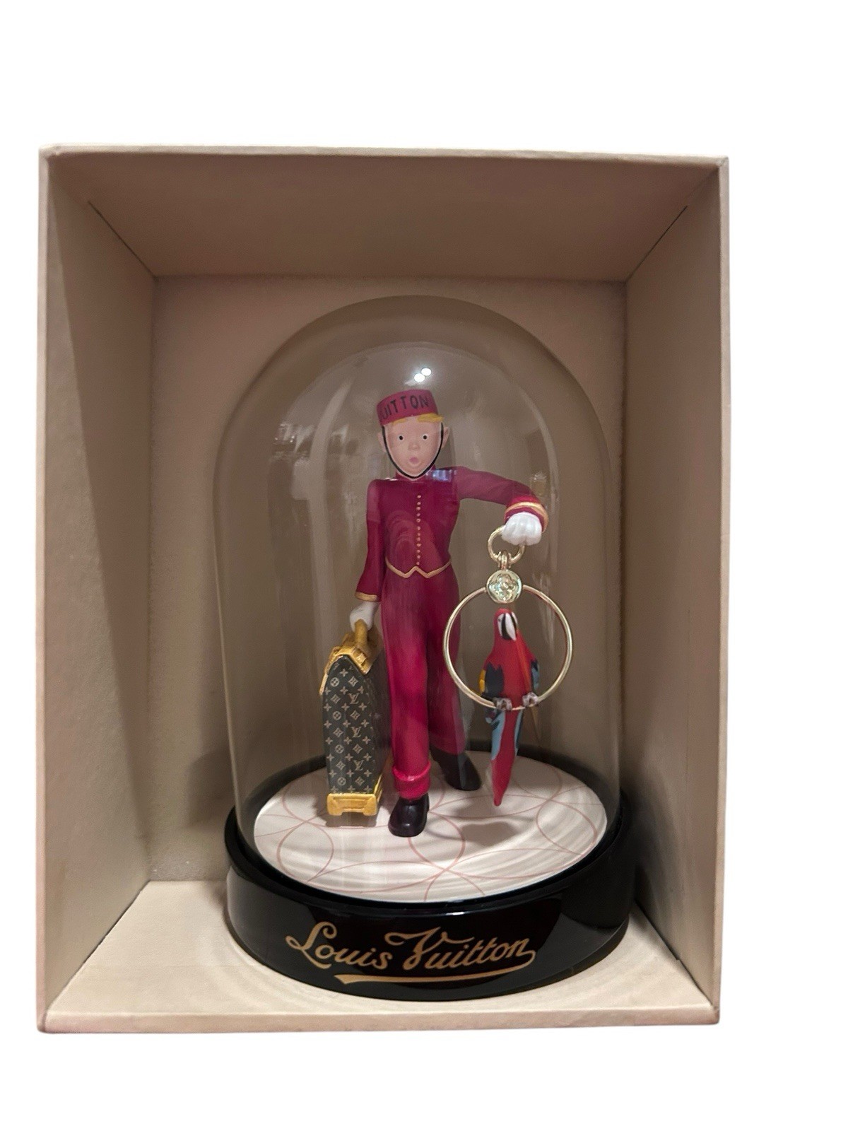 New Louis Vuitton Bell Boy Figurine Sculpture Parrot Cloche Glass Dome Bell Hop