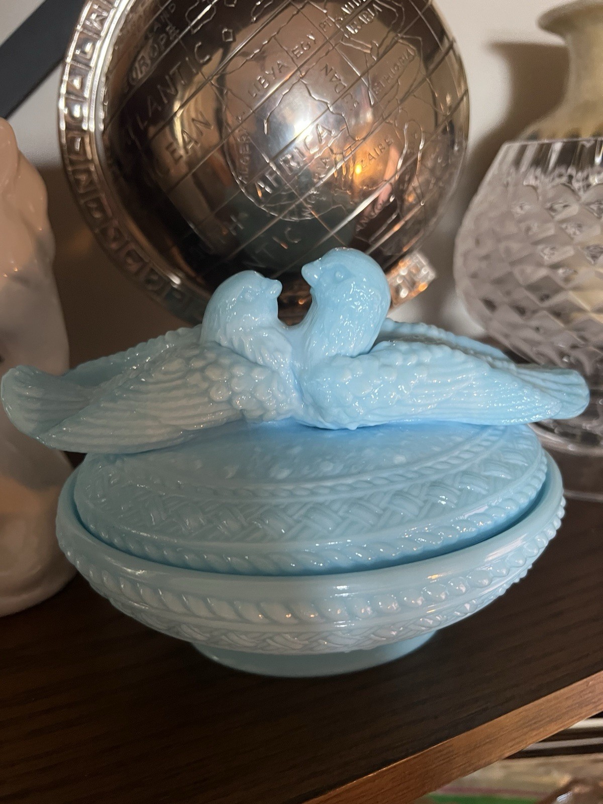 Vintage Blue Milk Glass Westmoreland Love Birds On Nest Candy Dish