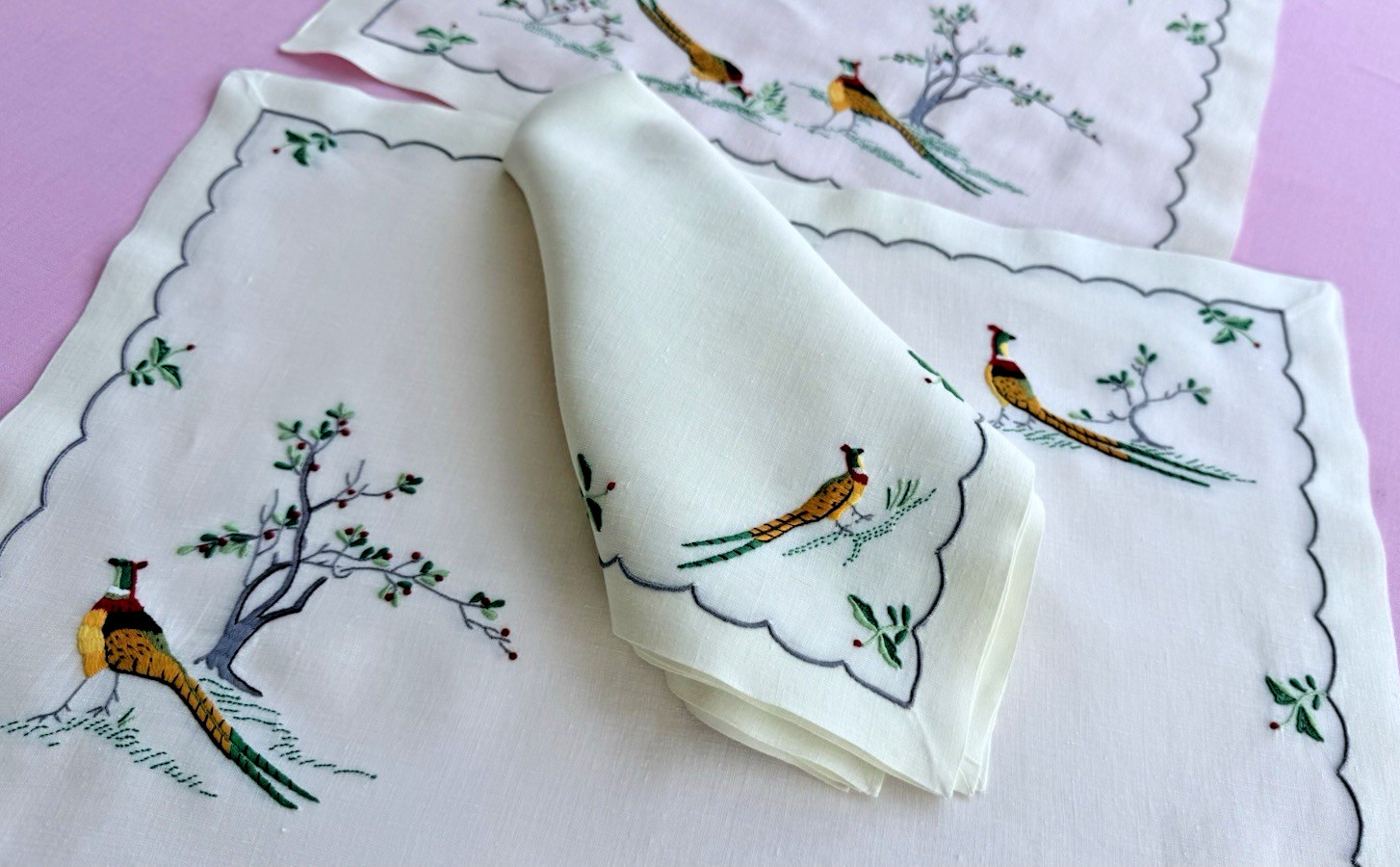 Vintage Madeira Placemats Napkins Runner Hand Embroidered Pheasants Birds