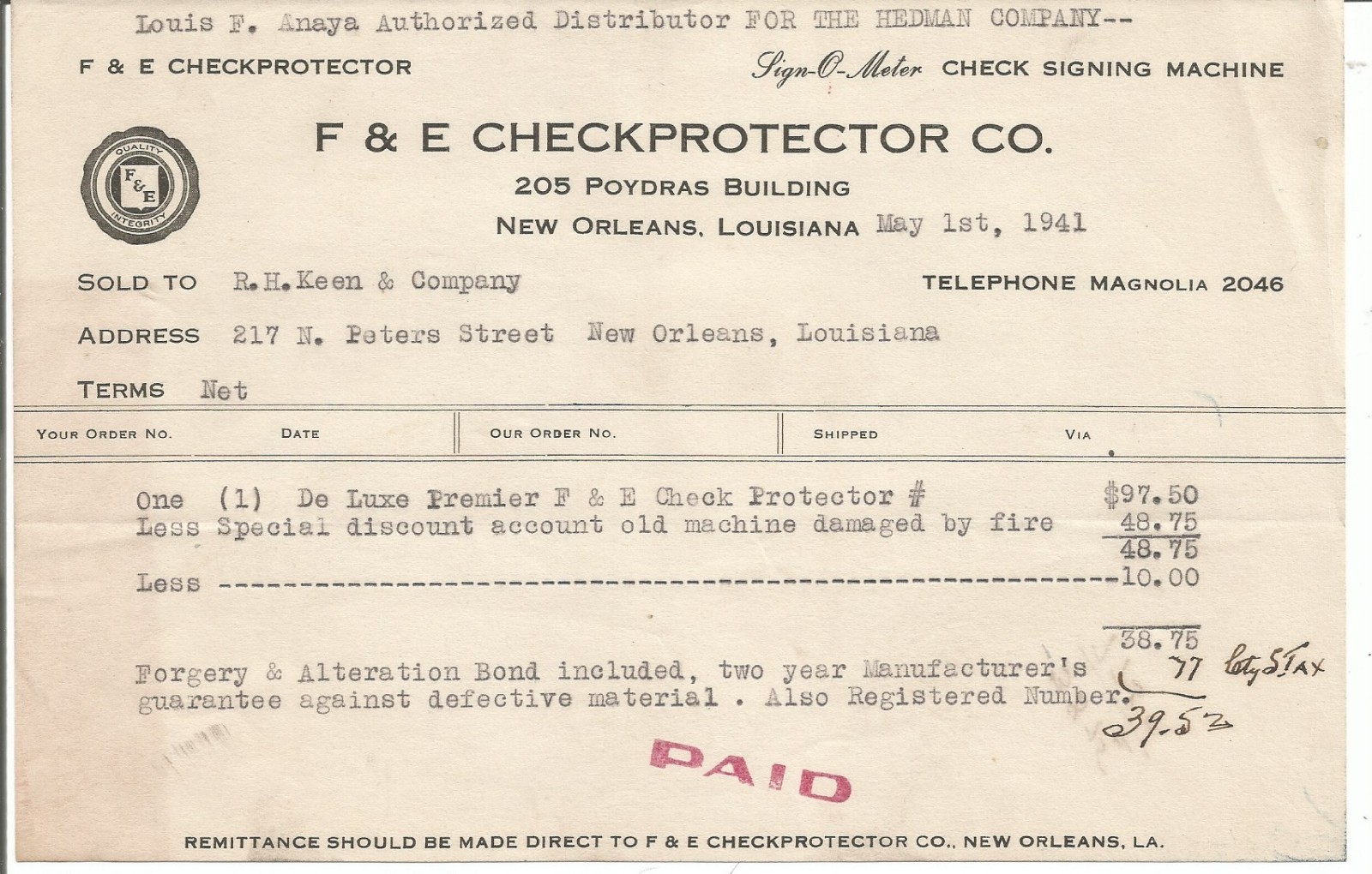 Antique Ephemera New Orleans F&E Checkprotector Co. Receipt 1941 Poydras