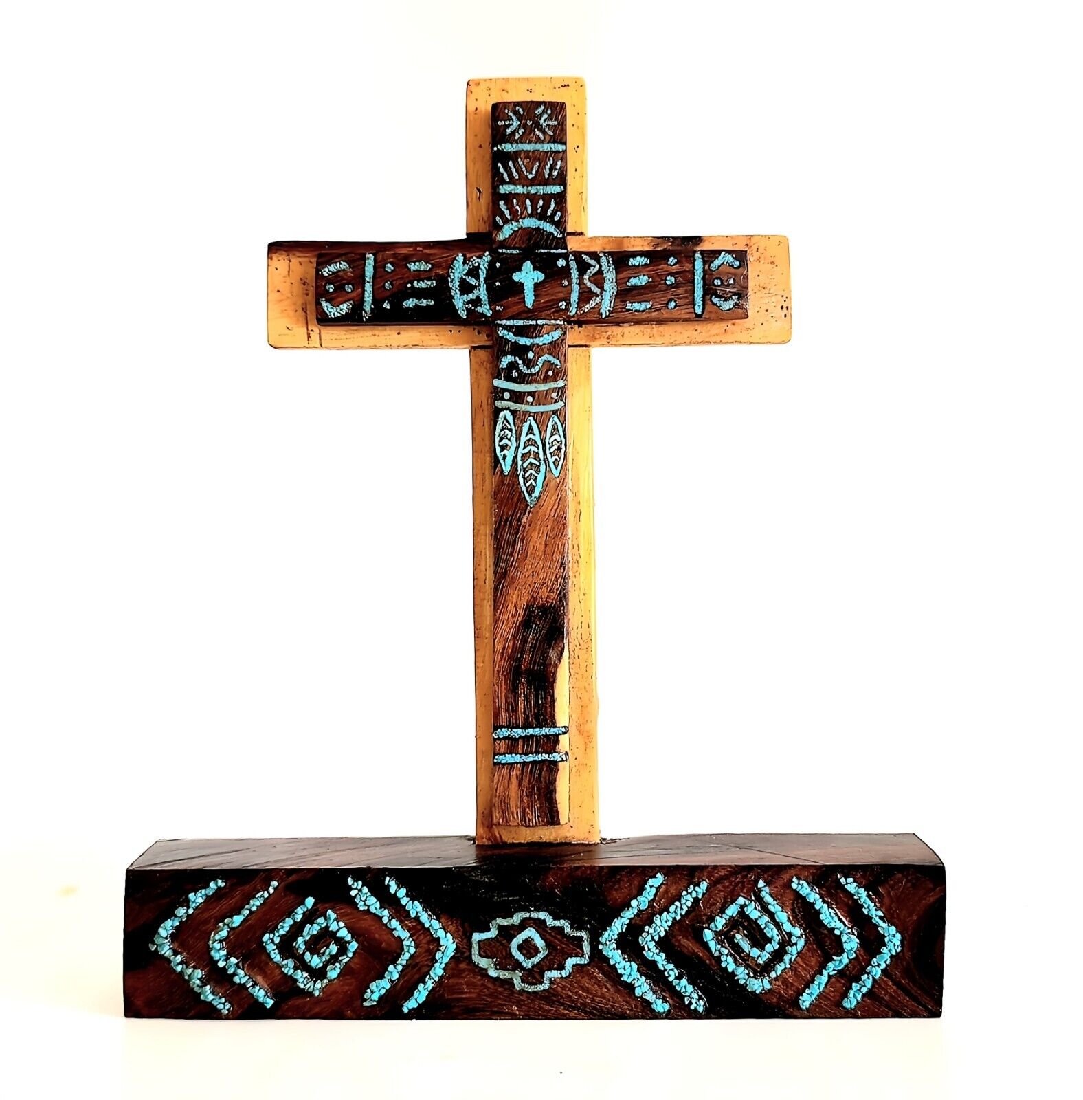 Handmade Wood Cross, Desert Ironwood,Real Turquoise, Native American Decor Cross