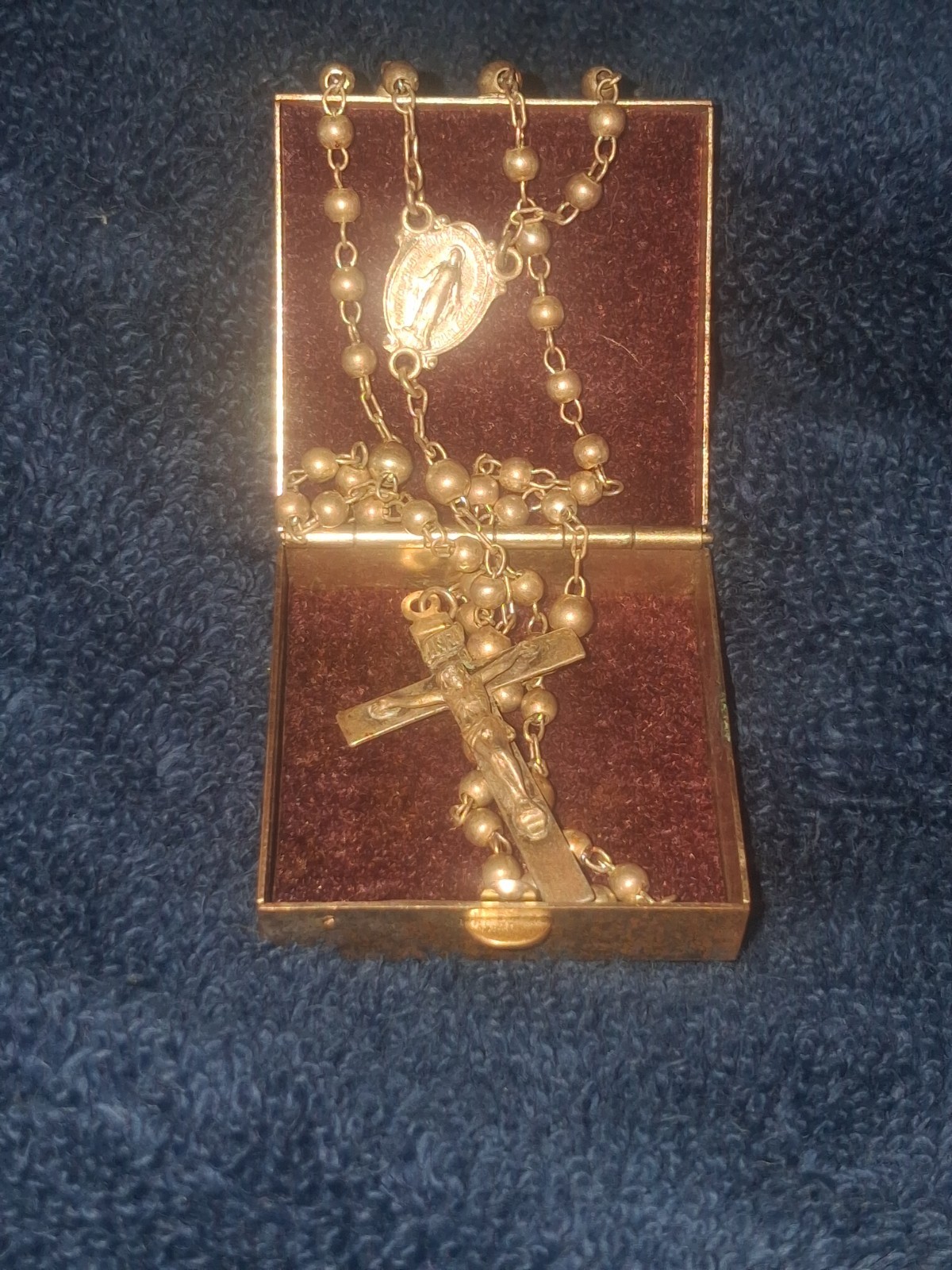Vintage Sterling Rosary Bead Necklace INRI Cross & Metal Keepsake Box Vintage Sterling Rosary Bead Necklace INRI Cross & Metal Keepsake Box