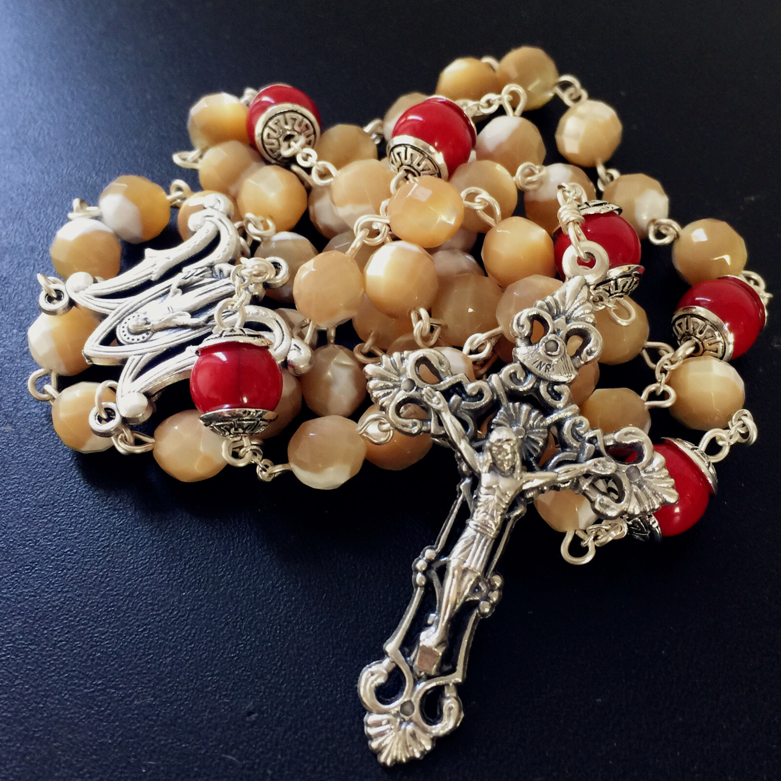 Sterling 925 Silver 6PCS 10MM Coral Beads & Tridacninae Rosary cross necklace