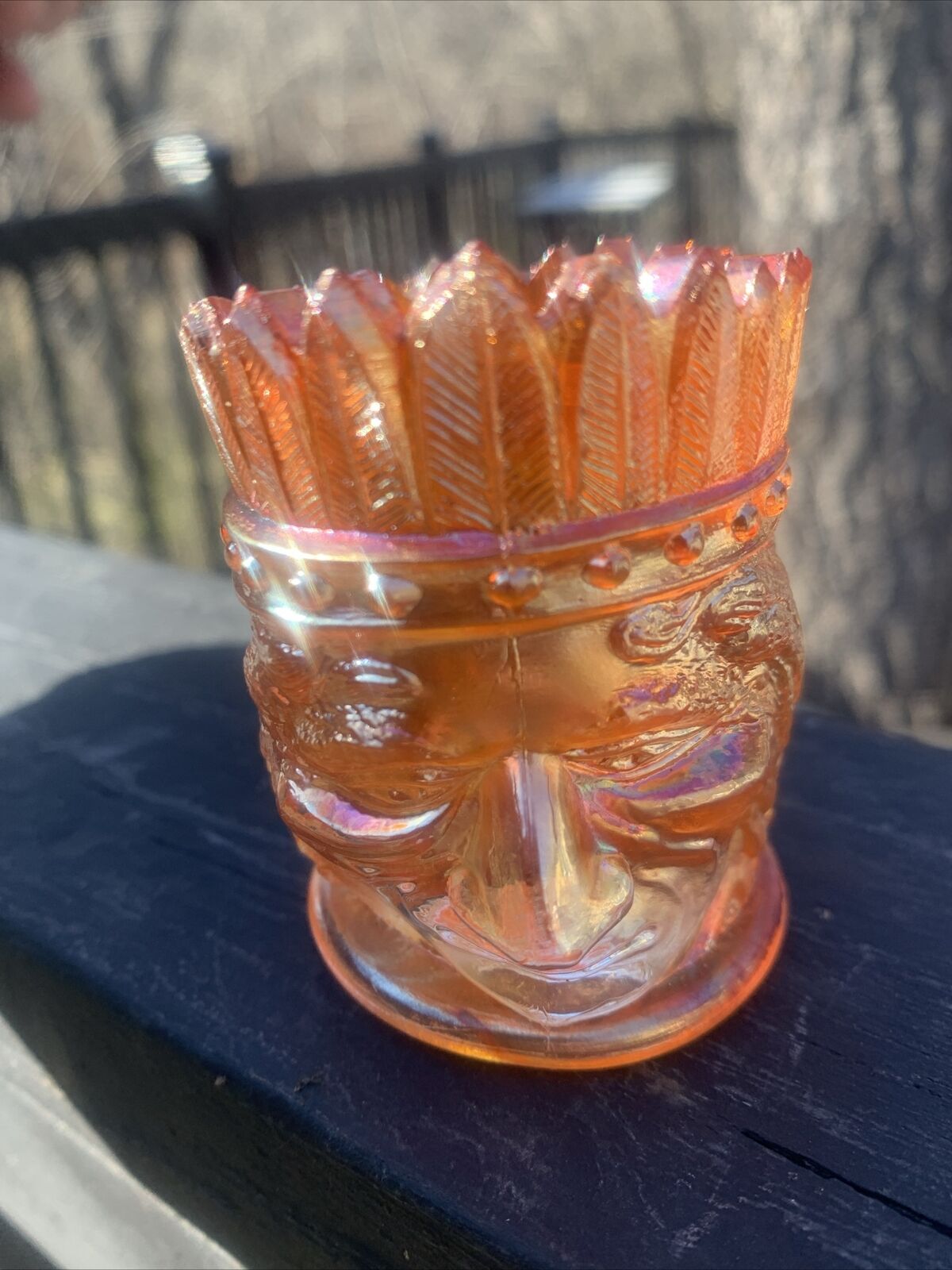 Joe St Clair Glass Tooth Pick Holder Indian Head Orange Marigold Carnival 1971