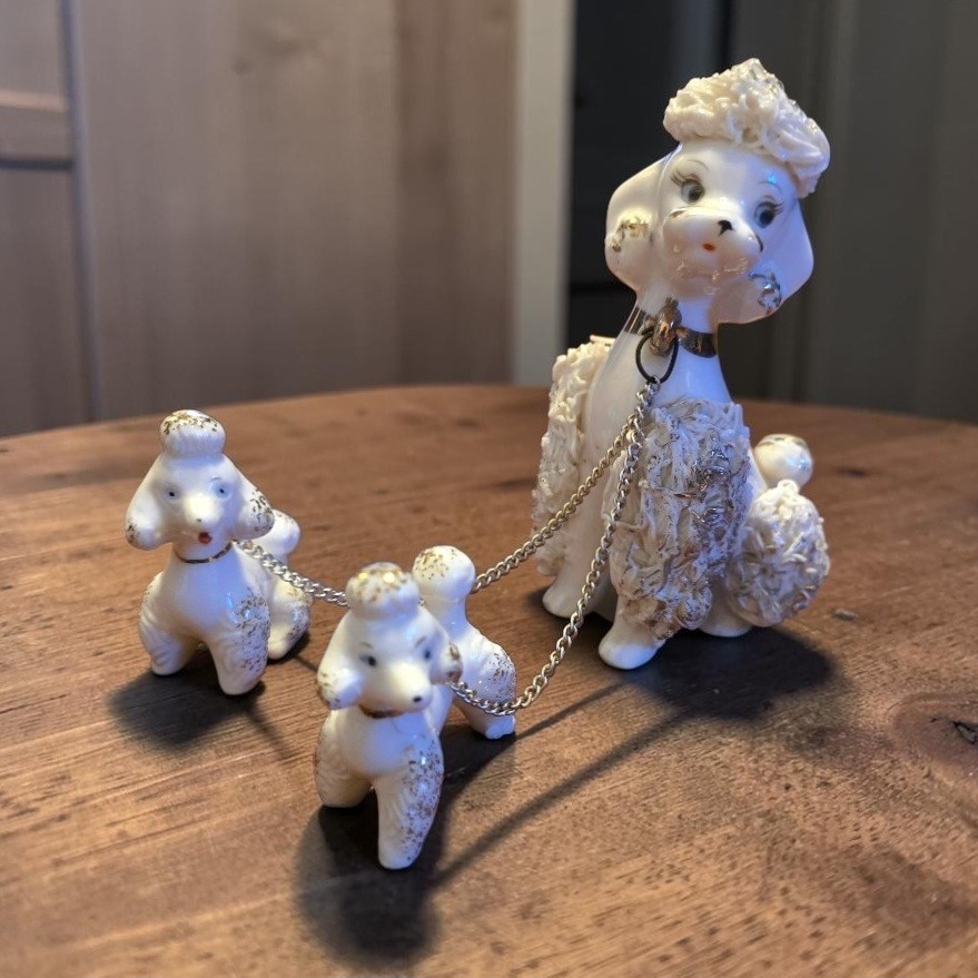 Vintage Lefton White Spaghetti Poodle Family Figurine Set Mom & 2 Pups C-5898 Vintage Lefton White Spaghetti Poodle Family Figurine Set Mom & 2 Pups C-5898