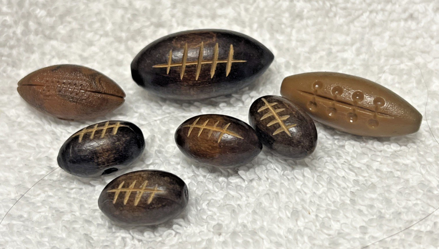 7 Vintage Wood & Plastic Football Buttons Toggled 3/4-1 1/4 Inches