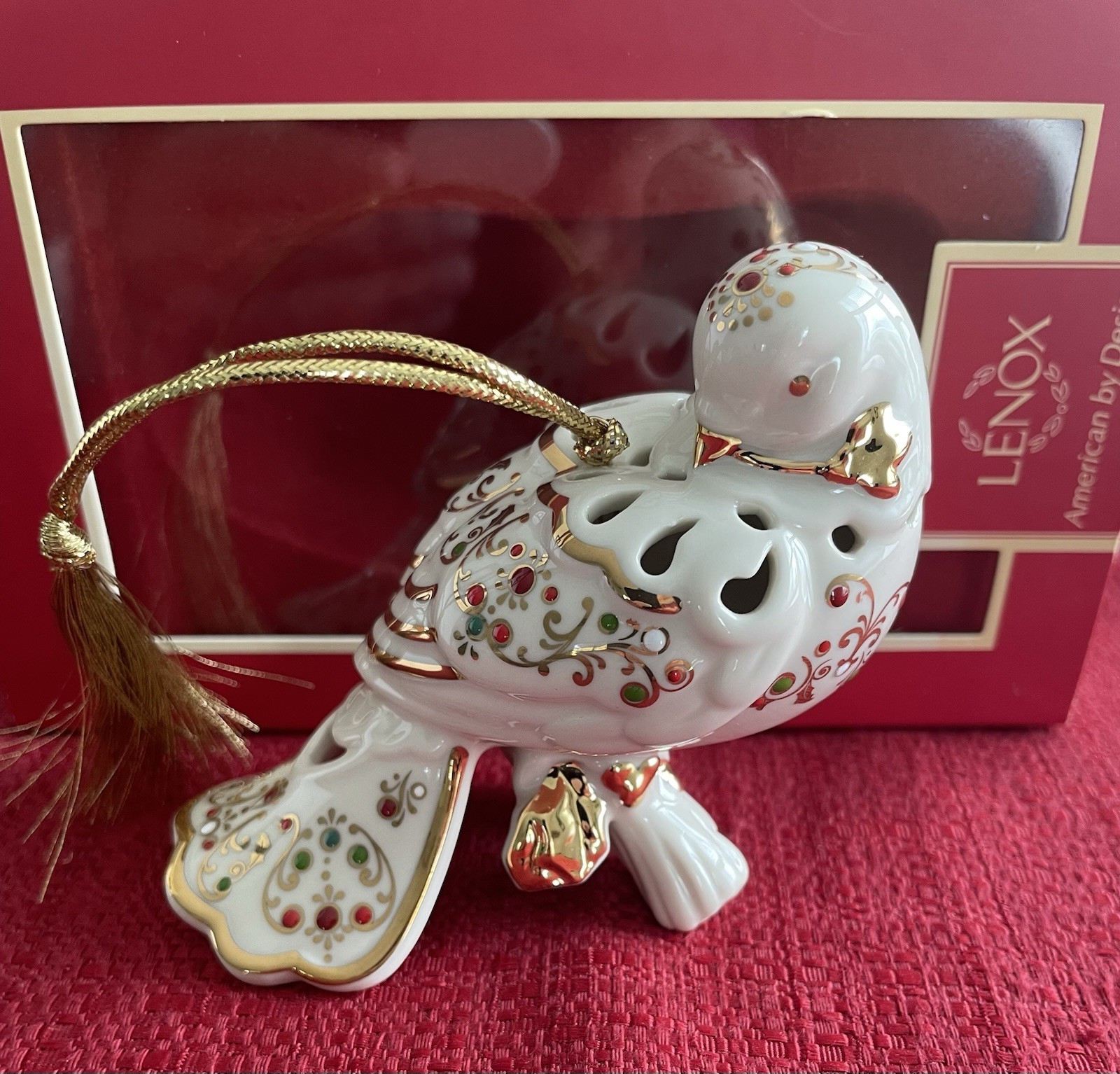 Lenox Bejeweled Christmas Dove Porcelain Hanging Ornament White Gold Trim