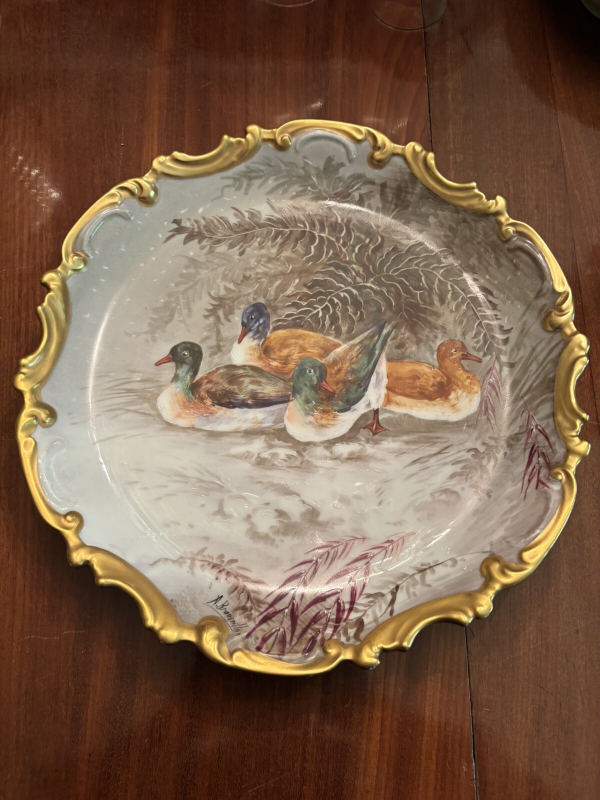A Broossillon C et J Limoges 13” Plate 4 Ducks Hand Painted Victorian Edwardian