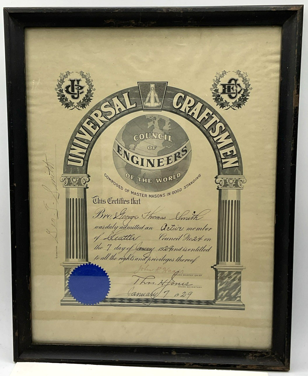 Vintage 1929 Seattle Washington Universal Craftsmen Engineers Certificate Framed