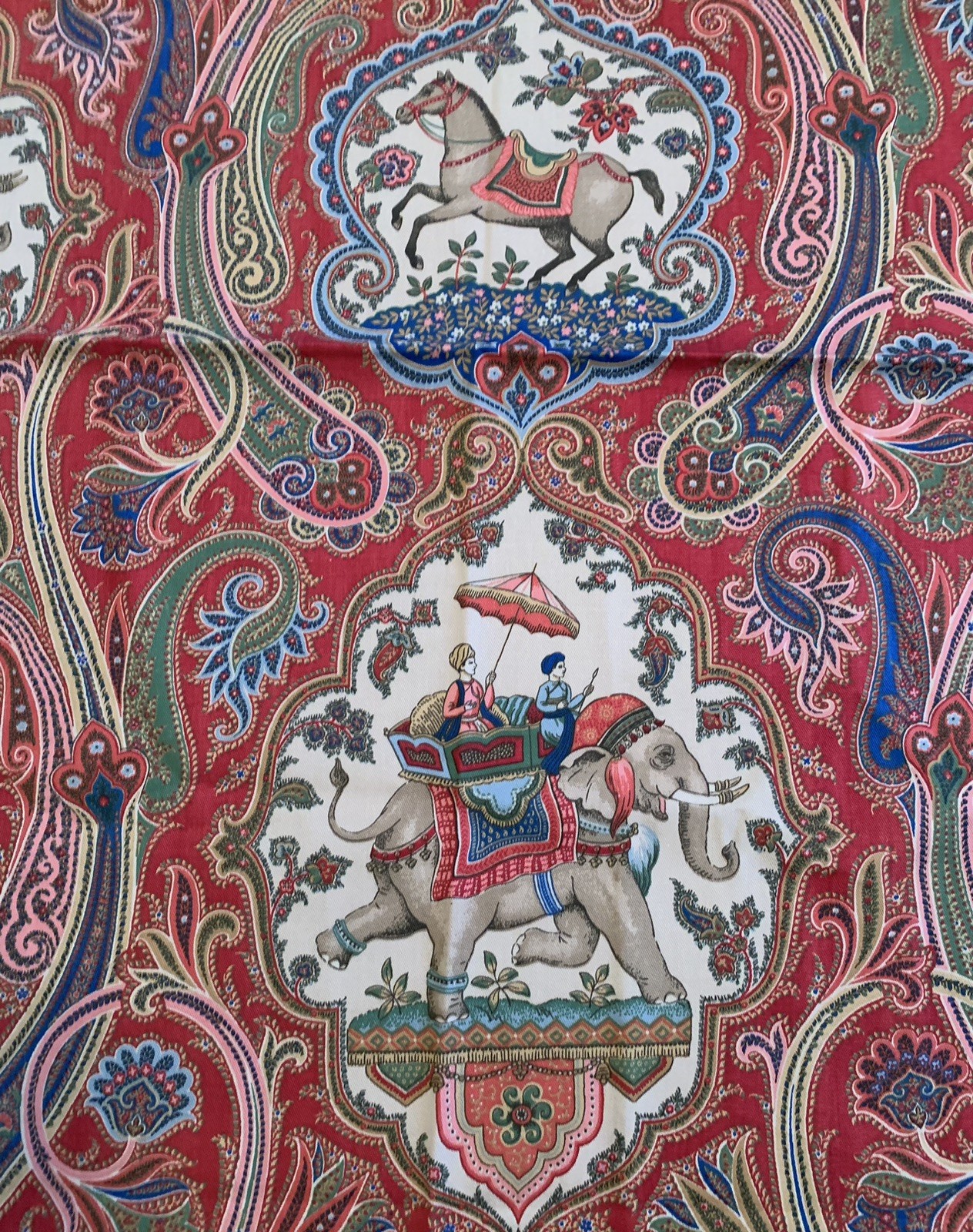 Vtg P. Kaufman Elephant Horse Indian Paisley Flowers Red Beige 56 Vtg P. Kaufman Elephant Horse Indian Paisley Flowers Red Beige 56