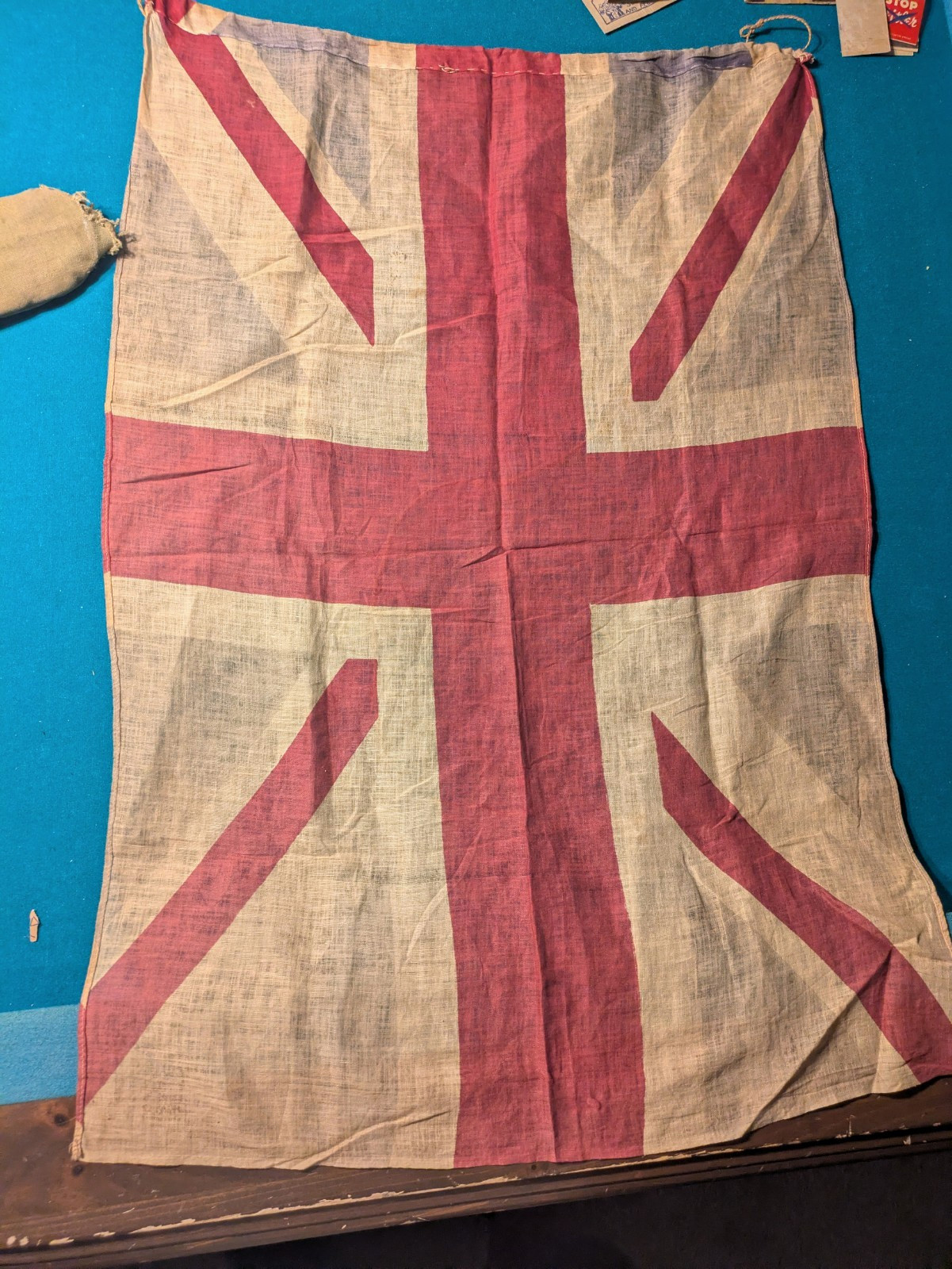 Vintage Union Jack British Flag Cloth Fabric with Rope Ties Signed Original WW2