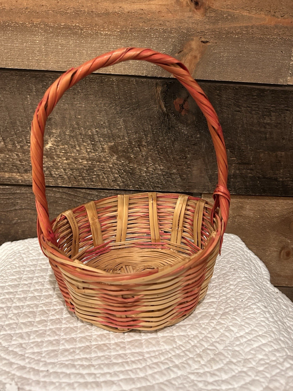 Vintage Wicker Easter Basket, Pink and Brown Small