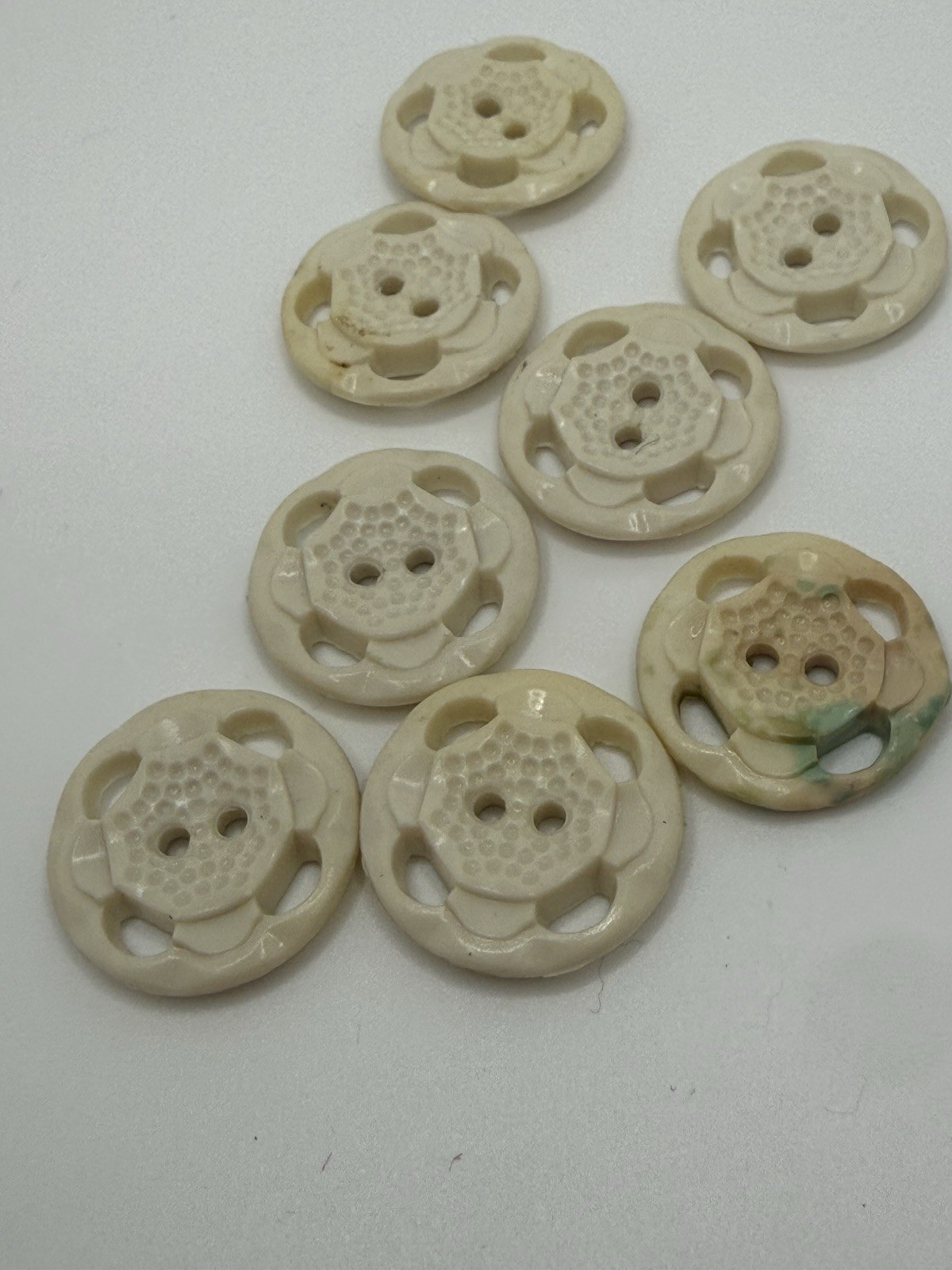 8 Vintage Cream Bakelite Buttons Pierced Flower Design 2-Hole Tested 1930s 4