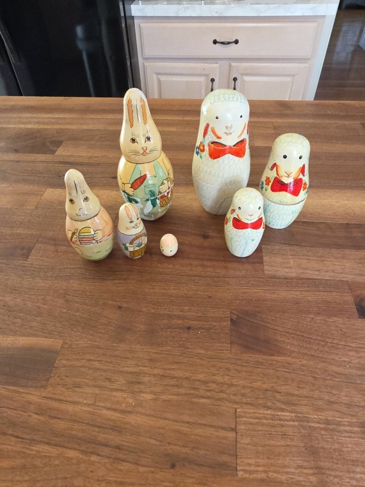 Variety Of Vintage Nesting Dolls, Wooden Toys, Rabbits And Sheeps