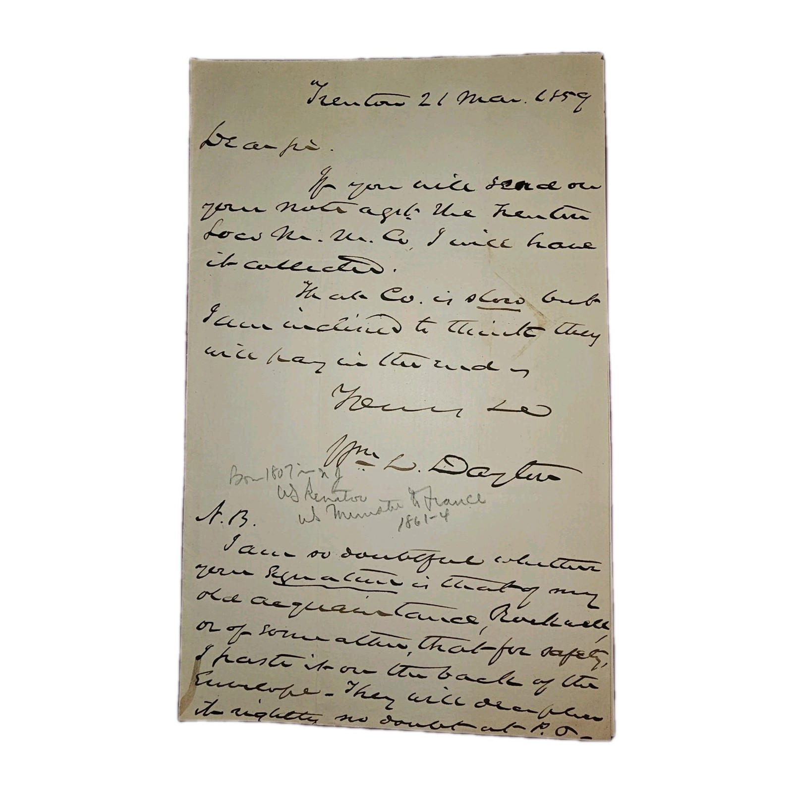 1859 ALS by Wm. L. Dayton, VP Nominee & Minister to France, on Trenton Insurance