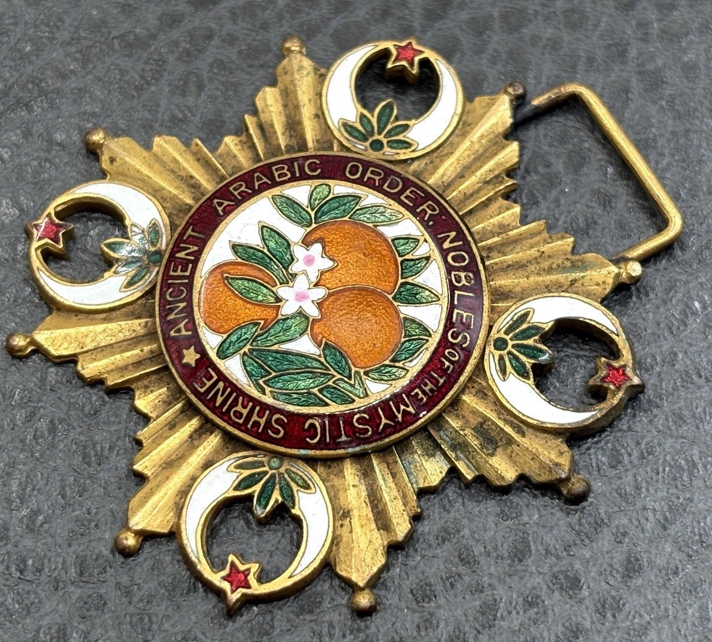 VTG Robbin’s Co Victorian Shriners AAONMS Guilloche Enamel Oranges Buckle Fob ?
