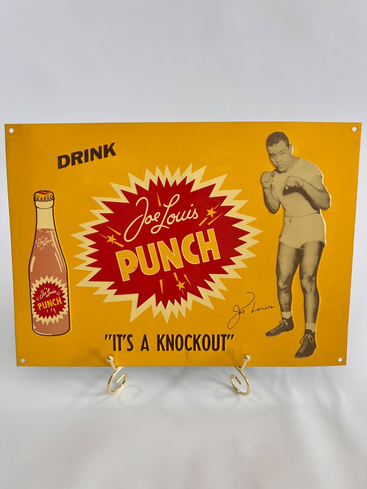 Joe Louis Punch It\'s a Knockout Embossed Metal Soda Sign Reproduction Boxing