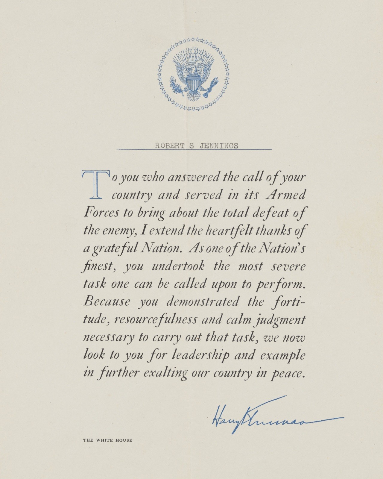 Harry S. Truman WWII Service Thank-You Letter to Robert S. Jenning 8